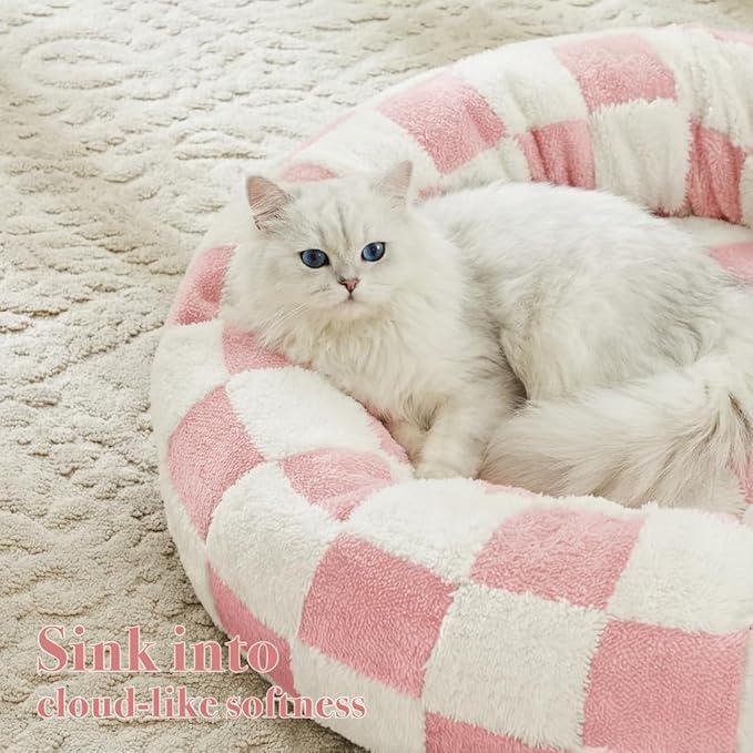 Ohocut Checkered Cat Dog Bed, Cute Girly Pink Retro Style Aesthetic Round Warming Pet Calming Beds for Small Dog and Cats, Plush Cozy Donut Beds Washable, 23" L x 23" W x 8" Th