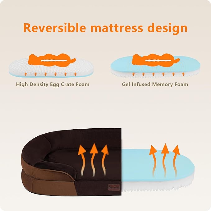 Dwanton Orthopedic Dog Bed for Large Dogs with Gel Memory Foam, Waterproof Dog Sofa, Washable Pet Bed with Four Sided Bolster Cushion, Removable Cover & Non-Slip Bottom, 38", Brown