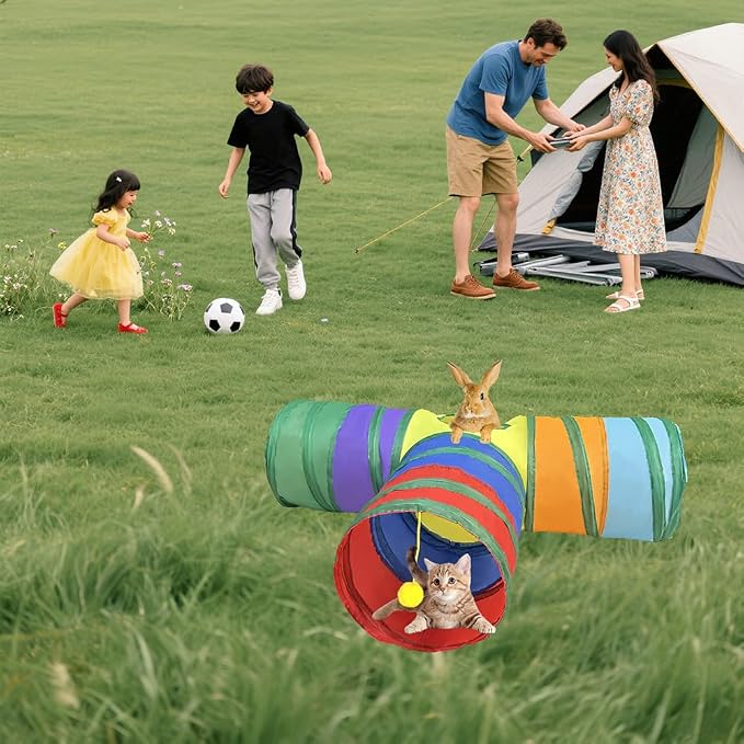 3-Way Collapsible Cat Tunnel Tube Toy Rainbow T— Interactive Play Tunnel with Hanging Ball & Peek Hole for Indoor Cats, Kittens, Puppies & Rabbits | Hours of Fun & Exercise