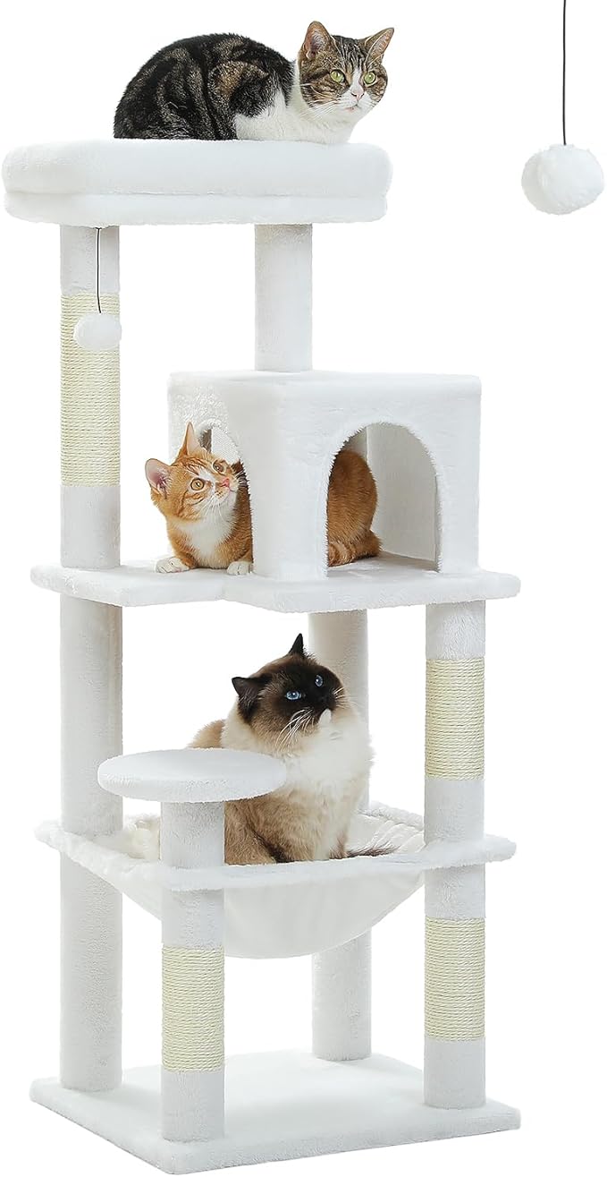 MUTTROS White Cat Tree for Indoor Cats, 45.7" Multi-Level Cat Tower with Large Metal Frame Hammock, Cat Condo with 4 Scratching Posts and Top Perch, White
