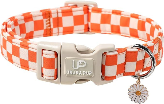 Gingham Fall Dog Collar – Adjustable Orange Picnic Checkered Dog Collar with Daisy Pendant, Classic Autumn Dogs Collars for Girl Boy Dogs