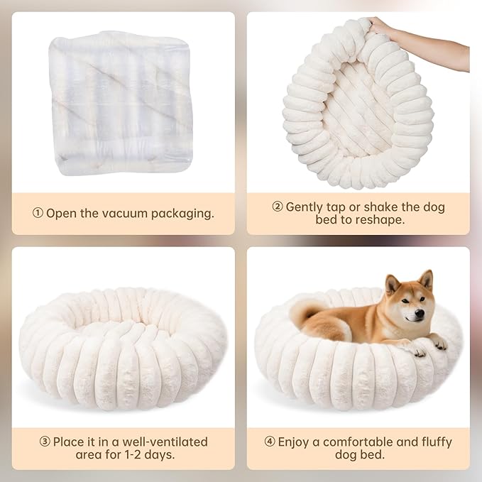 Donut Dog and Cat Bed, Luxurious Comfortable Faux Rabbit Fur Pet Beds, Round Anti-Anxiety Calming Puppy Kitten Bed with Anti-Slip Bottom for Small Medium Dogs & Cats(20", White)