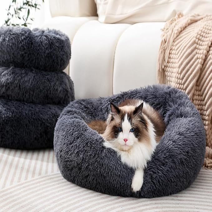 Large Cat Bed Round Dog Bed Warm Pet Beds Large Rabbit Pillow Calming Donut Ferret Beds Pillow Pet Kitten Bed Suit for 8KG Pet