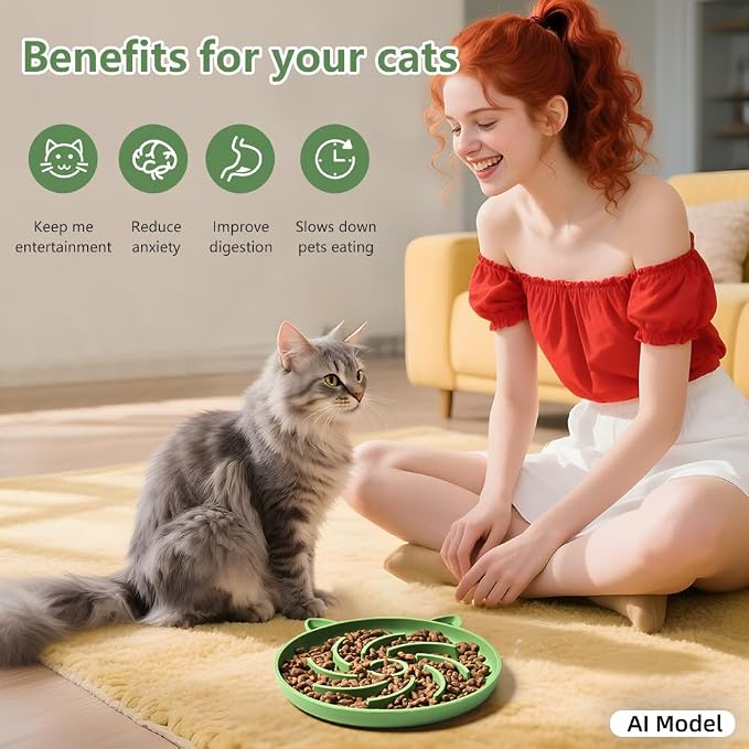 2Pcs Silicone Slow Feeder Cat Bowl,Puzzle Feeder,Interactive Toys,Slow Feeding cat Bowl Suitable for All Dry and Wet Foods,Easy to Clean Silicone Bowls (Green and Blue)