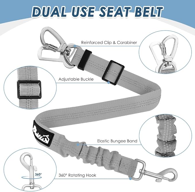 SlowTon Dog Seatbelt, 2 Pack Dog Seat Belt Car Leash Adjustable Elastic Bungee Buffer Heavy Duty Nylon Reflective Pet Safety Tether Connect to Dog Harness for Travel Riding in Vehicle (Daul Clip, GY)