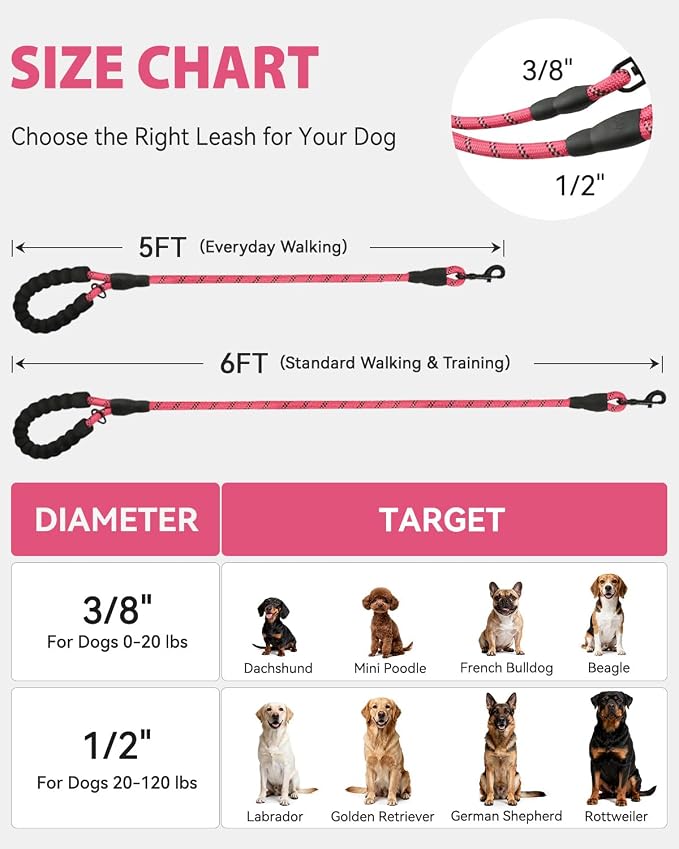 Joytale Dog Leash for Small Dogs, Heavy Duty Nylon Leashes with Comfortable Padded Handle and Highly Reflective Threads, Ideal for Walking and Training, Pink, 6'×3/8''