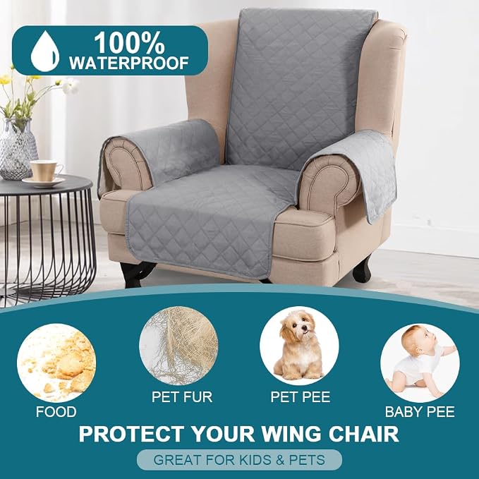 Turquoize 100% Waterproof Wing Chair Cover Wing Armchair Slipcovers Chair Couch Protector Triple Non-Slip Sofa Slipcover for Wing Chair Furniture Protector for Pets, Kids,Dog (Wing Chair, Dove Gray)