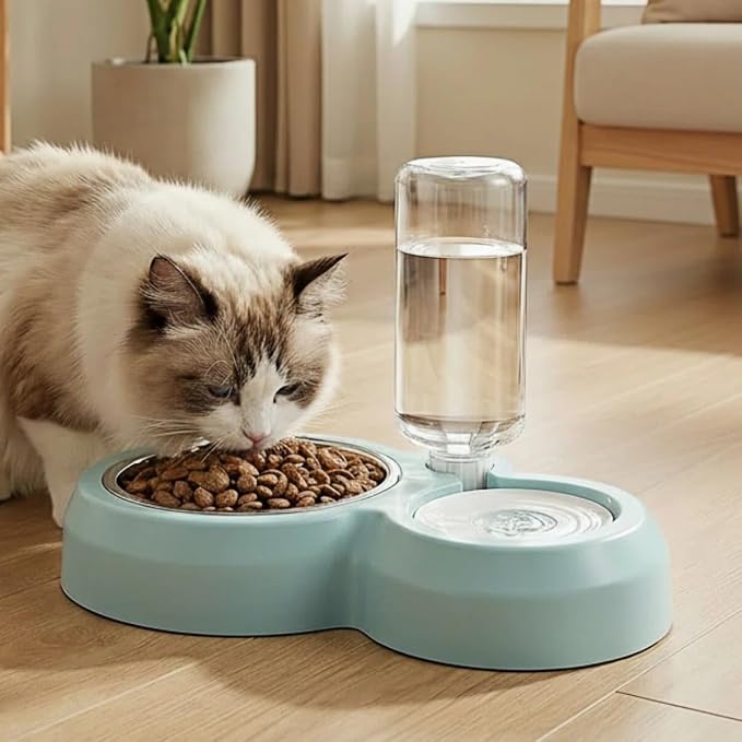 Double Dog Cat Bowls, Cat Food and Water Bowl Set with Auto-Water Dispenser and Stainless Steel Bowl Feeder for Small Size Dogs & Cats, Gift of Anti-Slip Mat, Chic Blue