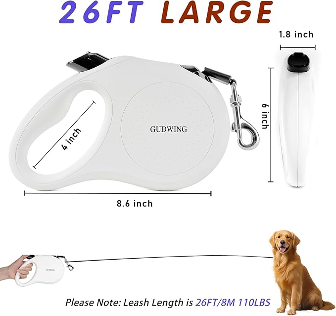 26FT Retractable Dog Leash, Heavy Duty Great Leash for Dog up to 110 lbs, 360° Tangle-Free RetractionOne-Handed Brake, Strong Nylon Tape (Large, White)