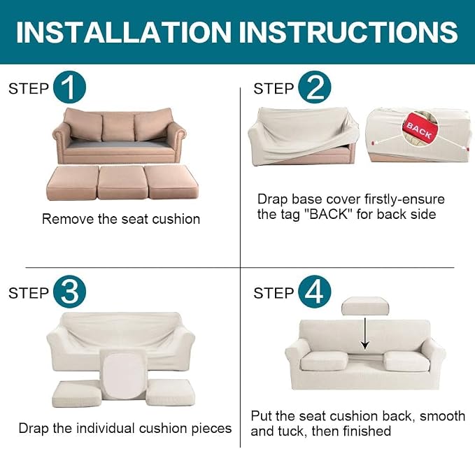 Turquoize 4 Piece Sofa Covers for 3 Cushion Couch Sofa Slipcover Soft Couch Cover for Dogs-Washable Sofa Furniture Covers with 3 Individual Cushion Covers, Jacquard Fabric (3 Cushion Sofa, Ivory)