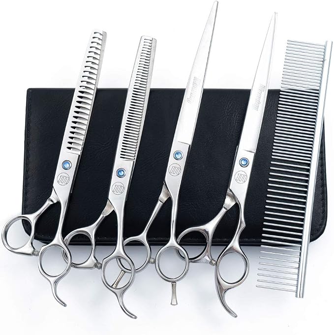 Professional Dog Scissors Set, 7 Inch/8 Inch Curved Chunkers & Thinning Shears with Grooming Comb