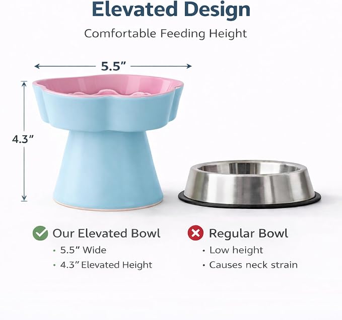 Elevated Ceramic Slow Feeder Cat Bowl, 15° Tilted Feeding Dish Helps Reduce Fast Eating and Vomiting, Whisker-Friendly Heavy Smooth Matte Ceramic, Dishwasher Safe (Blue/Pink)