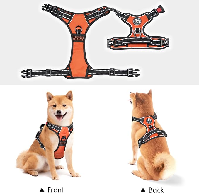 PoyPet No Pull Dog Harness, No Choke Front Lead Dog Reflective Harness, Adjustable Soft Padded Pet Vest with Easy Control Handle for Small to Large Dogs(Orange,M)