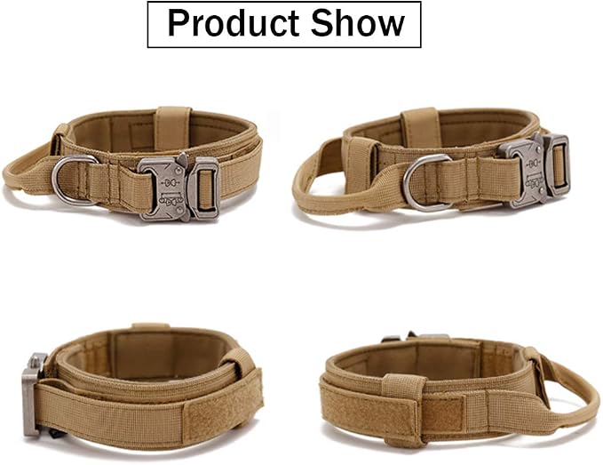 Tactical Dog Collar and Leash Set Tactical Dog Collar with Handle Bungee Leash Adjustable Military Training Nylon Collar Dog Training Collar Leash Set with Control Handleand Metal Buckle （Brown L