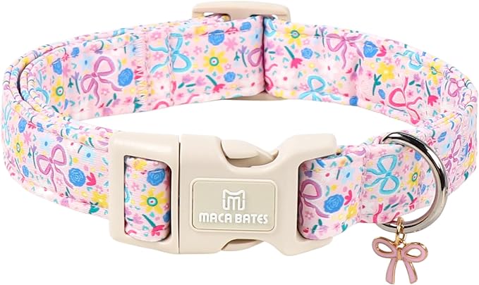 Maca Bates Colorful Floral Dog Collar with Bow Charm for Extra Large Girl Boy Dogs, Pink Flower Bows Pattern,Pretty Blossom Adjustable Durable Soft Flowers Collars Gift for Male Female Puppy