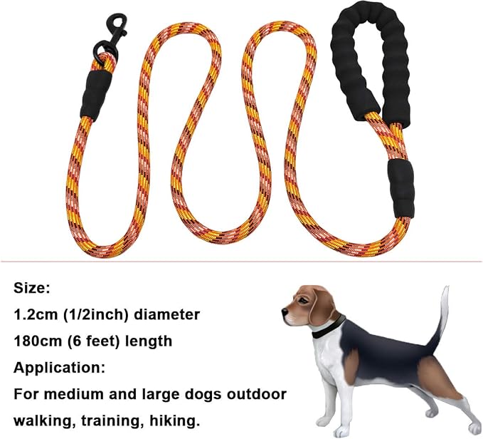 MayPaw Heavy Duty Rope Dog Leash, 3/4/5/6/7/8/10/12/15 FT Nylon Pet Leash, Soft Padded Handle Thick Lead Leashes for Large Medium Dogs (Colorful, 1/2" * 6')