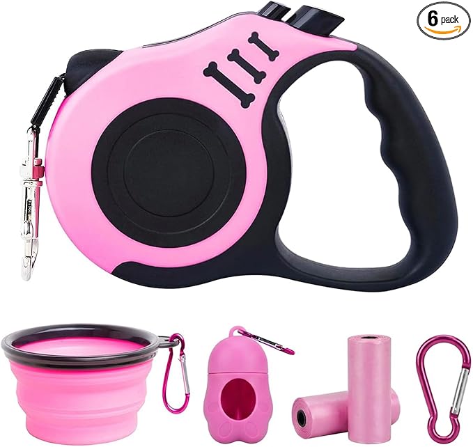 PETIMP Retractable Dog Leash Lightweight 16FT Leash, with Folding Bowl,Dispenser,Waste Bags, for Small Medium Dogs(Pink)