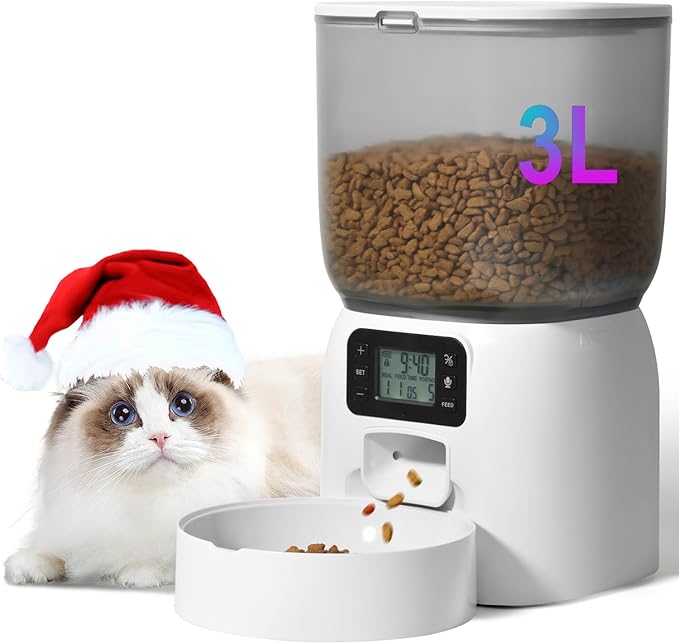 Automatic Cat Feeder, 3L Cat Food Dispenser with 10s Voice Recorder, Pet Feeder up to 8 Meals per Day, Timed Dog Feeder (White-Basic)
