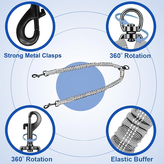 MingXpets Double Dog Leash, Dual Dog Leash, 360° Swivel Tangle Free Bungee Walking Training for Large Medium Dogs, Shock Absorbing Bungee Reflective for Two Dogs, 18~120 lbs, Grey