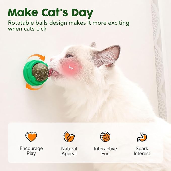 Potaroma Catnip Toys Balls 4 Pcs, Extra Cat Energy Ball, Edible Kitten Silvervine Toys for Cats Lick, Healthy Kitty Teeth Cleaning Dental Chew Toys, Cat Wall Treats (Green)