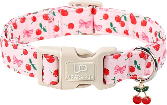 Spring Dog Collar, UP URARA PUP Strawberry Collars in Pink Checkered Adjustable Pet Collar with Quick Release, Daily Dog Accessories for Small Medium Large Dogs