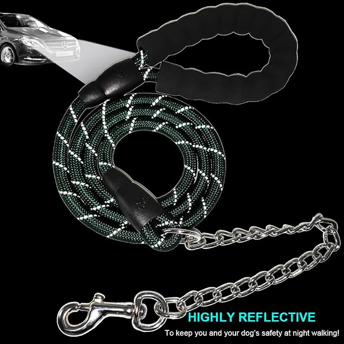 BTINESFUL 6FT Chewproof Dog Leash, Strong Nylon Rope with Anti-Chewing Chain and Padded Handle for Medium Large Dogs Outdoor Training Walking Hiking Dark Green
