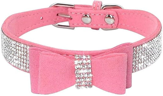 Small Dog Collars for Female Dogs, Cute Bling Rhinestone Crystal with Bow Tie Glitter Diamond Bowtie Puppy Collars for XXS XS Small Medium Large Pet Girls Dogs Cats(S, Pink-1)