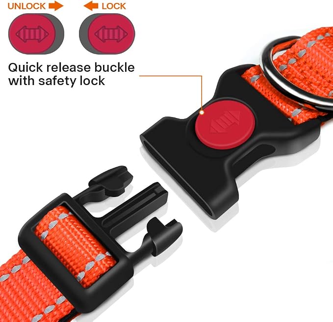 Taglory Reflective Dog Collar for Small Dogs, Soft Neoprene Padded with Escape-Proof Locking Buckle, Upgraded Zinc Alloy Ring, Adjustable Nylon Collar for Walking, Orange,S