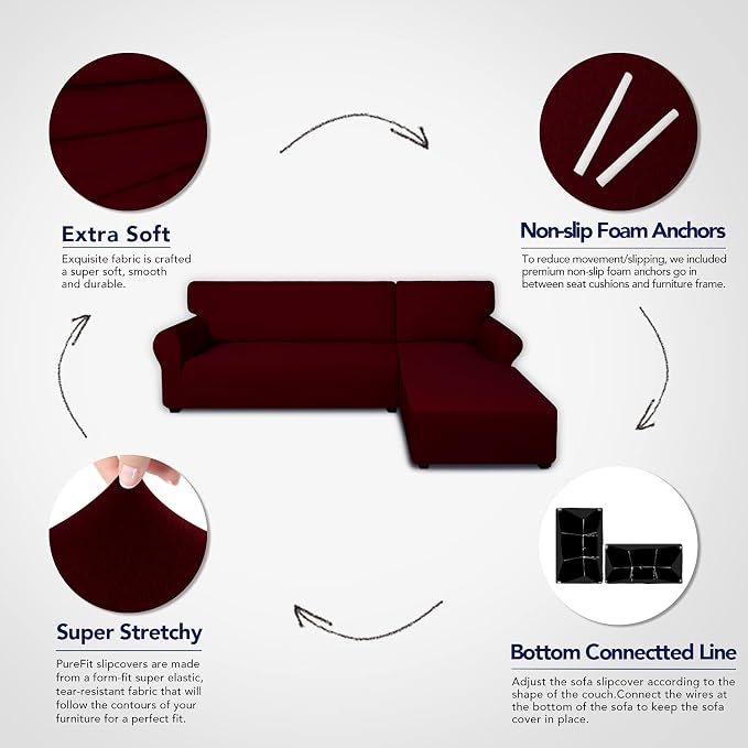 PureFit Super Stretch Sectional Couch Covers - 2 pcs Spandex Non Slip Sofa Covers with Elastic Bottom for L Shape Sectional Sofa Couch, Great for Kids & Pets (3 Seat Sofa + 3 Seat Chaise, Wine)