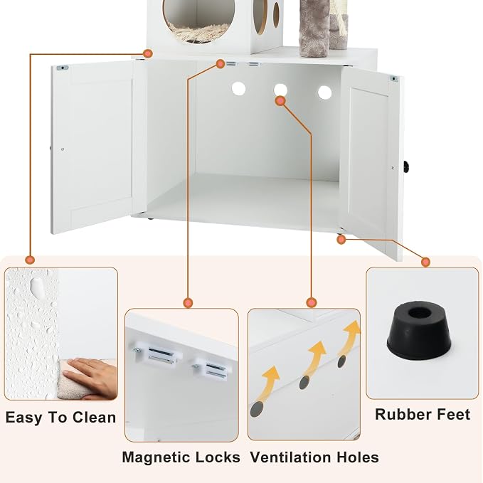 Timberer Cat Tree with Litter Box Enclosure, 2-in-1 Cat Tower for Indoor Cats, Large Wood Cat Condo with Basket, Scratching Posts, Pompoms, White