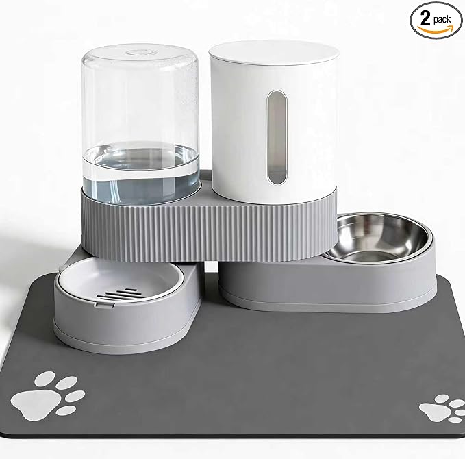 Gravity Cat Feeder 2 Pack Automatic Food Feeder and Water Dispenser Set Detachable Pet Bowl with Silicone Mat for Cats Small Medium Dogs, Large Capacity(Grey)