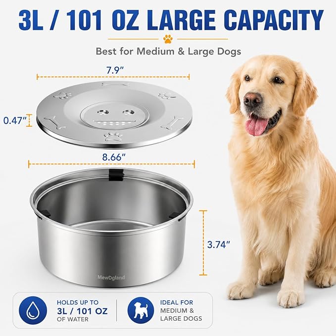 Dog Water Bowl No Spill, 3L/101oz Stainless Steel Slow Feeder Dog Bowl with Floating Disk, Spill Proof Dog Water Bowl Dispenser for Messy Drinkers, Anti Splash Large Dog Bowl with Filter