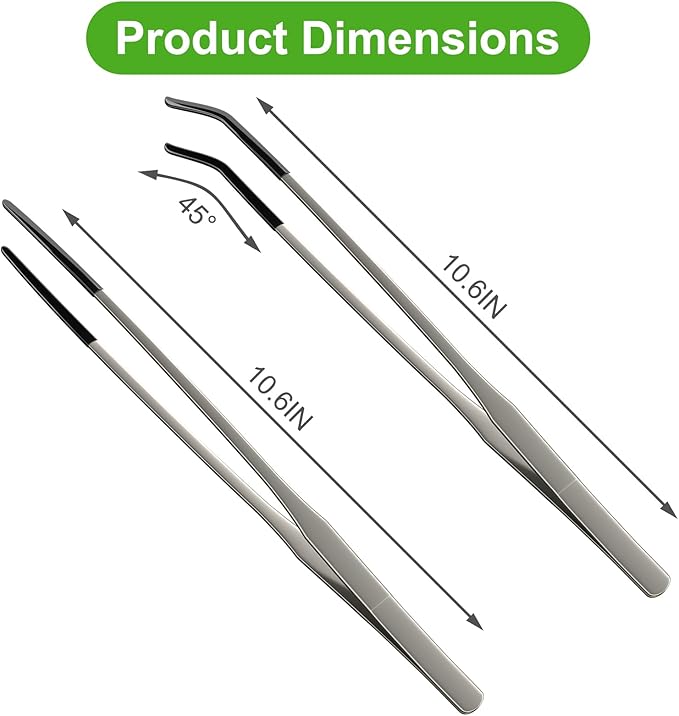 2 Pcs Extra Long Stainless Steel Reptile Feeding Tongs 10.6 IN with Soft Rubber Tip – Straight & Curved Tweezers for Bearded Dragon, Tank Accessories, Lizards, Terrarium, Aquarium, Leopard Gecko