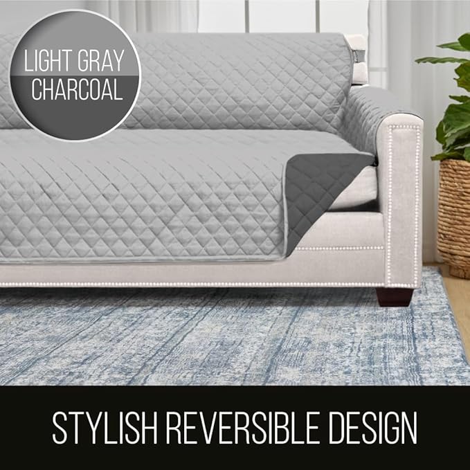 Sofa Shield® Couch Chaise Covers for Dogs, Reversible Furniture Protector with Strap, Stain and Tear Resistant Cushion Cover, 102x34 Seat, Machine Washable Slipcover Pets Cats, Light Gray Charcoal