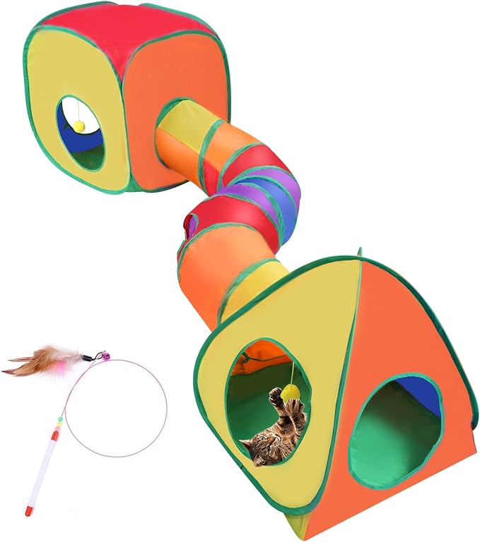 Cat Tunnels for Indoor Cats with Tent Cube and Feather Toy Collapsible Combo, Pop Up Cat Play Tunnel with Interactive Cat Toy Ball for Kitten, Ferret, Puppy, Guinea Pig, Rabbit, Bunny, Multicolour