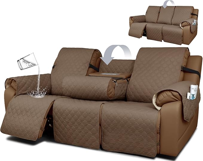 Waterproof Recliner Sofa Covers with Flipped Middle Backrest Washable Recliner Couch Covers Non-Slip with Elastic Straps Furniture Protector for Kid Dogs Pets (Gray Taupe)