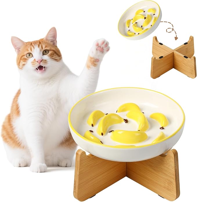 Elevated Slow Feeder Cat Bowl - Ceramic Cat Food Plate with Anti-Slip Bamboo Stand - Whisker Friendly Feeding Bowl - Shallow Maze Dish for Slow Eating - Yellow
