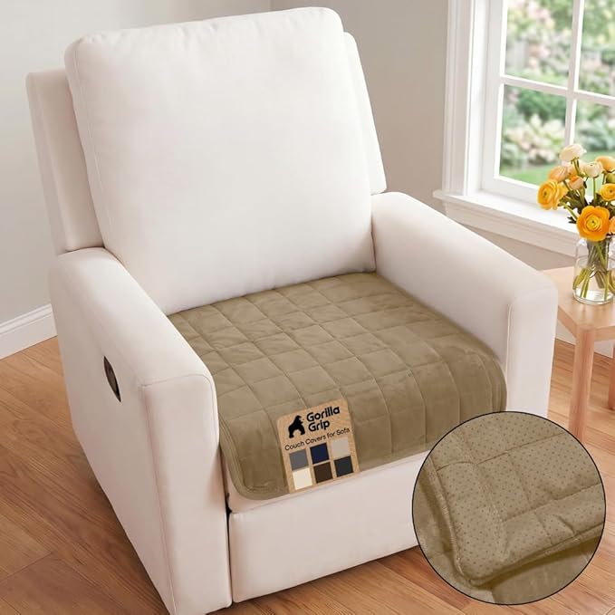 GORILLA GRIP Slip and Leak Resistant Plush Quilted Recliner Cushion Cover Blanket, Soft Couch Covers for Sofa Dogs, Machine Washable Furniture Protector Pet Friendly Couches, Beige, 28x28 Inches