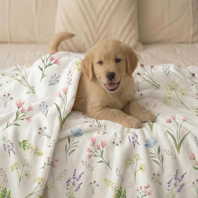 Horaldaily Pets Flannel Blanket, Spring Summer Watercolor Wild Flowers Blooming Soft Fuzzy Fluffy Plush Cozy Fleece Premium Blankets for Dog Cat Puppy Kitten Couch Protection, 30x40