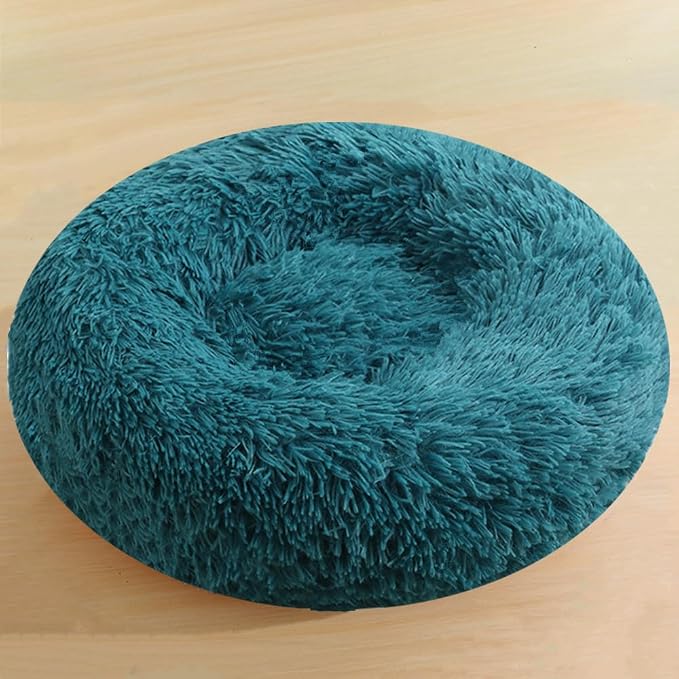 Dog & Cat Bed, 27 Inch Cat Beds for Indoor Cats, Calming Donut Bed for Small Medium Dogs and Cats, Anti-Anxiety Plush Faux Fur Large Cat Beds Washable, Dark Blue