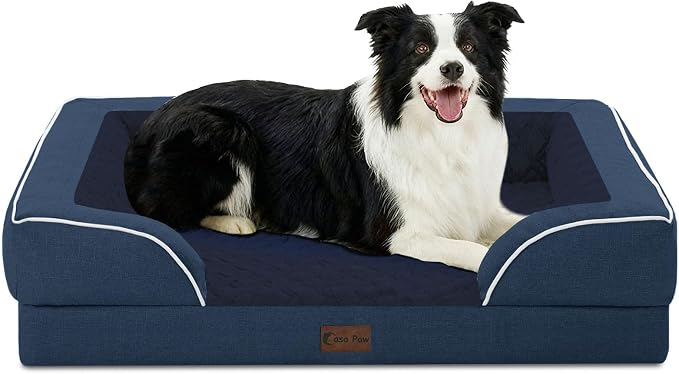 Orthopedic Dog Beds for Large Sized Dogs 35x22 Inch, Medium Waterproof Egg Crate Foam Dog Sofa Bed with Removable Washable Cover Pet Couch with Bolster Side & Non-Slip Bottom, Navy Blue