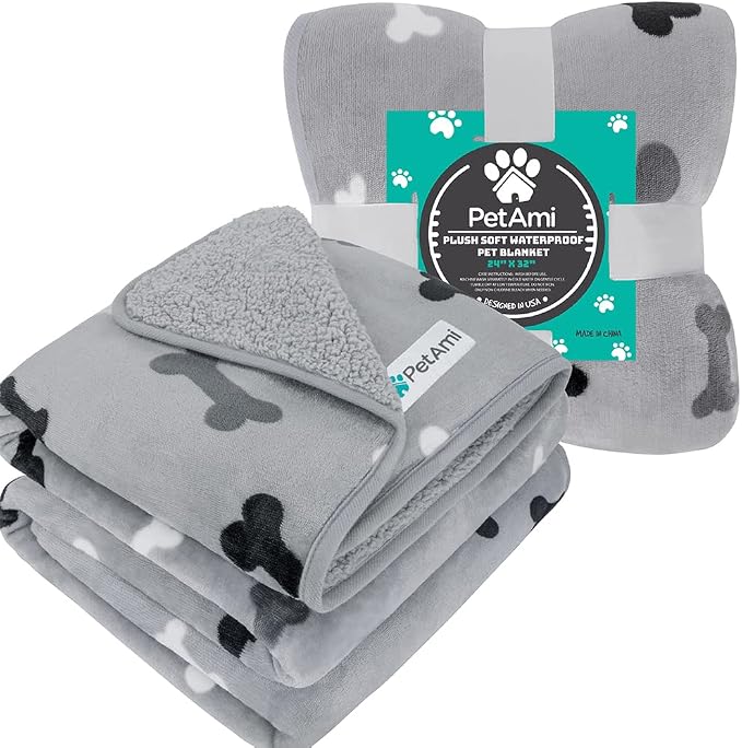 PETAMI Sherpa Fleece Waterproof CAT and Dog Blanket, Bone Gray, Small