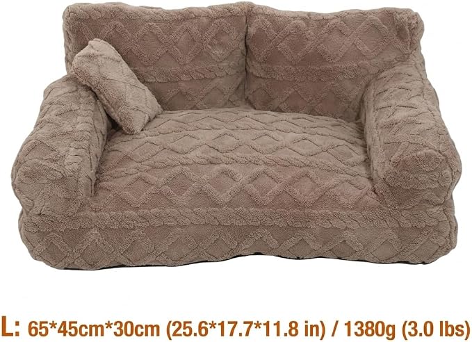Plush Calming Pet Sofa Bed with Removable Cover, Fluffy Dog Cat Bed Pet Couch Beds Plush, Plushs Cat Couch Bed, Soft Warming Washable Puppy Bed (Khaki, Large)