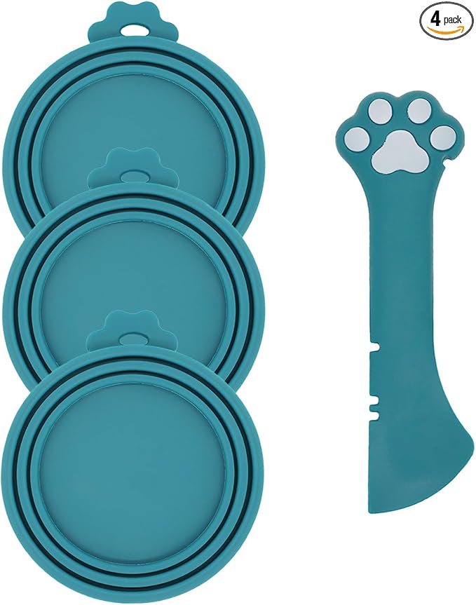 Pet Can Opener & 3 Pcs Cat Food Can Lids | Universal BPA Free Silicone Covers & Multi-Function Wet Food Spoon for Cat and Dog Food(Dark Blue)