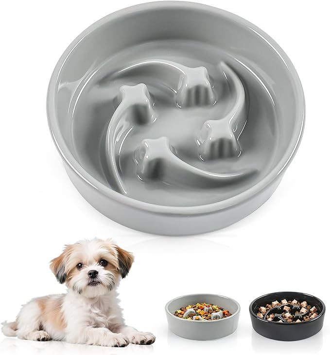 Ceramic Slow Feeder Dog Bowls, 1 Cups Dog Food Dish for Small and Medium Breed, Puzzle Dog Food Bowl for Fast Eater, 15OZ, 6.3 inch(Grey)