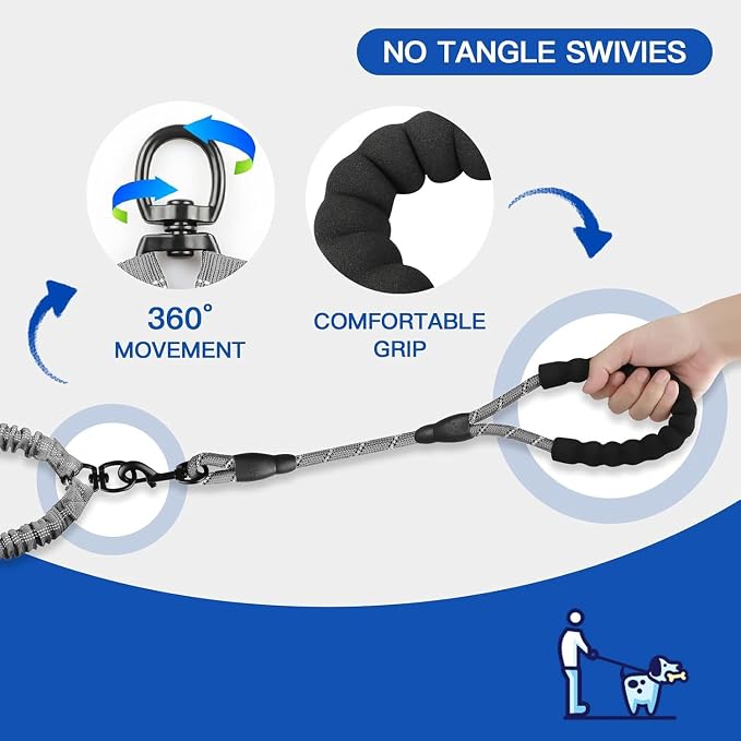 MingXpets Double Dog Leash, Dual Dog Leash, 360° Swivel Tangle Free Bungee Walking Training for Large Medium Dogs, Shock Absorbing Bungee Reflective for Two Dogs, 18~120 lbs, Grey