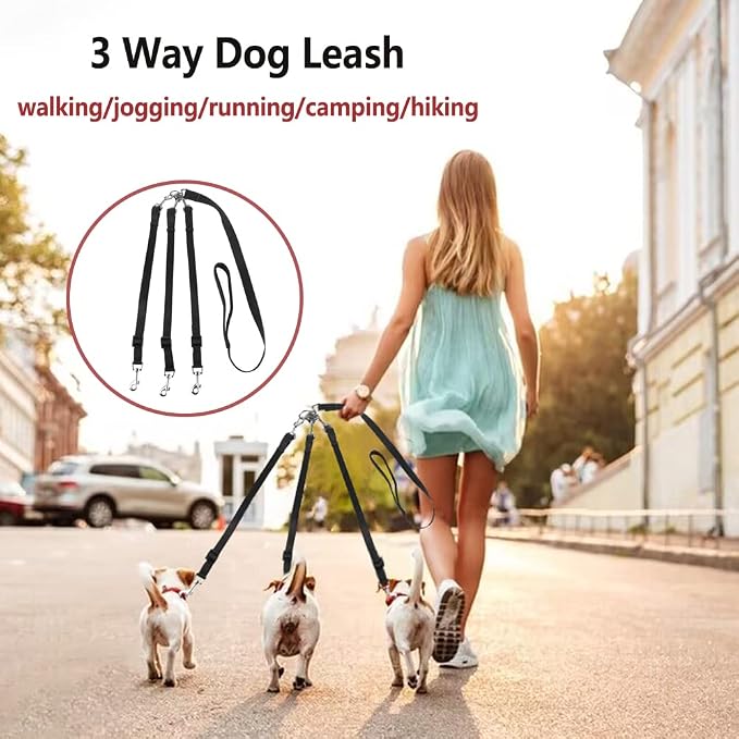 ASOCEA 3 Dog Leash - 3 in 1 Multiple Dog Leash with Detachable Swivel, Soft Padded Handle for Walking and Training Two or Three Dogs (Black)