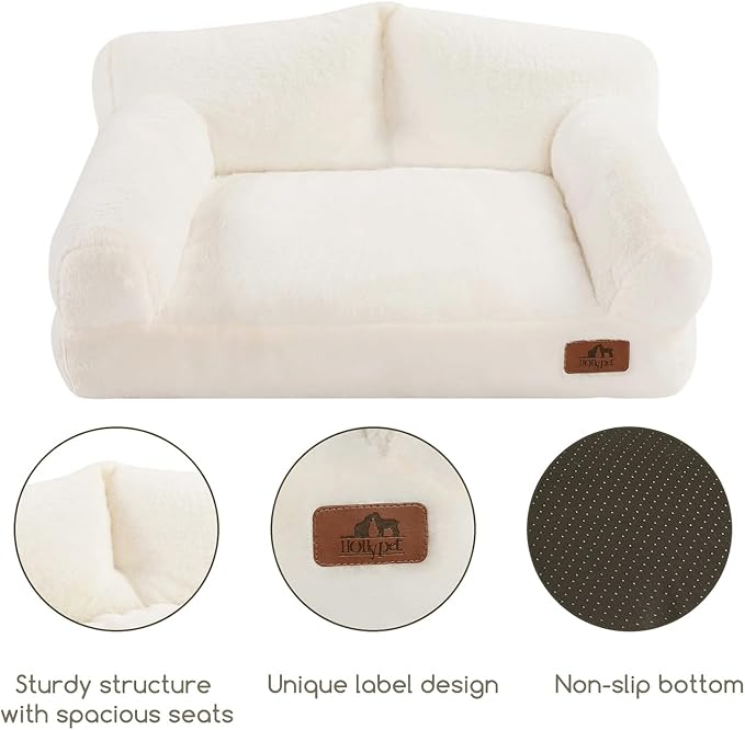 Hollypet Fluffy Dog Cat Bed Pet Couch Beds Plush Soft Warming Washable Puppy Bed for Small Medium Dogs and Large Cats, White, 24" L x 18" W x 10" Th
