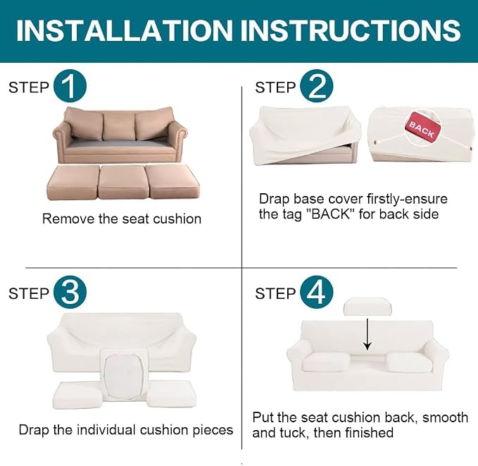 Turquoize 4 Piece Sofa Covers for 3 Cushion Couch Sofa Slipcover Soft Couch Cover for Dogs Washable Furniture Cover with 3 Individual Large Cushion Covers Feature Fabric (Large Sofa, Porcelain White)