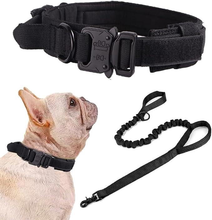 Tactical Dog Collar and Leash Set Adjustable Military Nylon Dog Collar with Control Handle and Heavy Duty Metal Buckle for Large Dogs （Black S